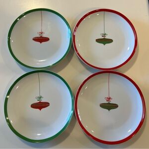 4 white, red and green ornament plates